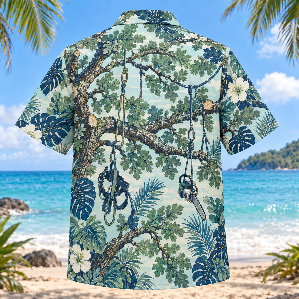 Back view of Oak Limb Arborist Hawaiian Shirt with matching artwork in seafoam, navy, ivory