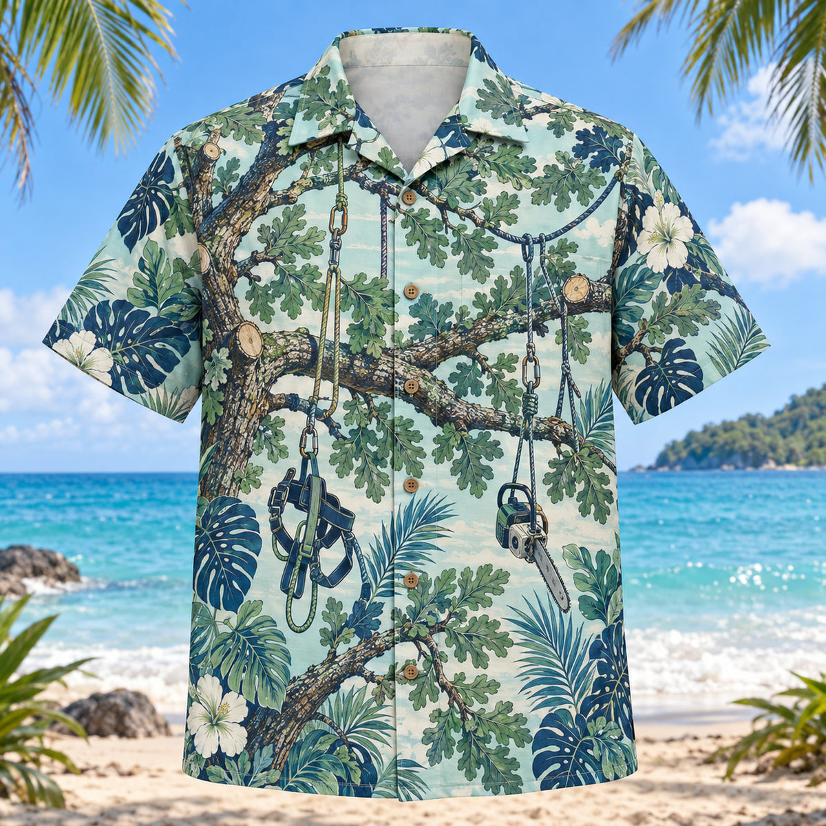 Front view of Oak Limb Arborist Hawaiian Shirt with original oak limb motifs, with tropical botanical accents; no text or branded equipment