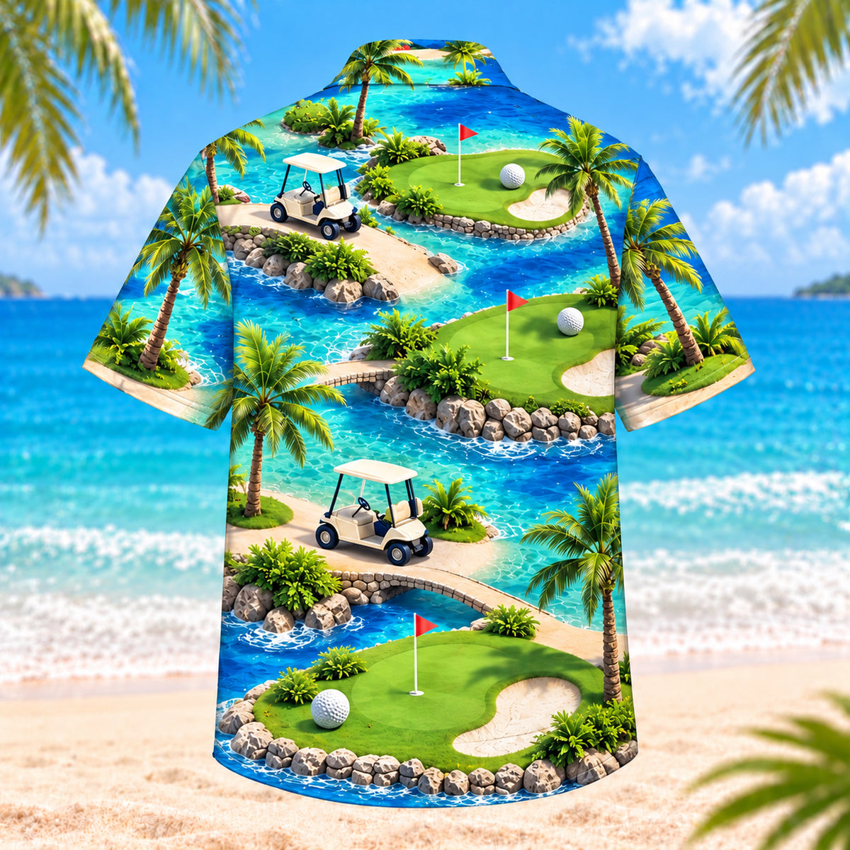 Back view of Ocean Breeze Golf Carts Hawaiian Shirt showing generic golf carts, coastal palms, distant greens, flags, winding cart paths