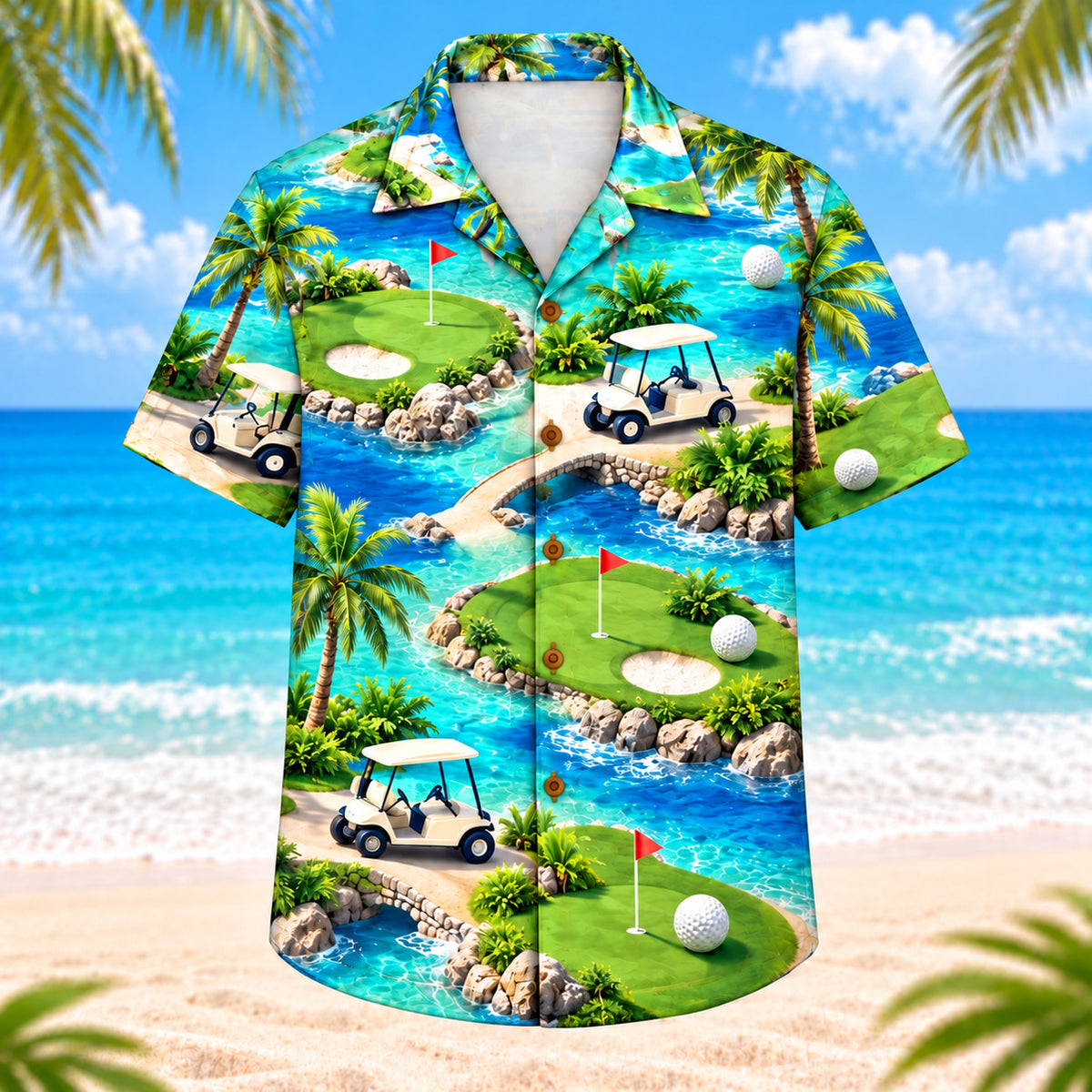 Front view of Ocean Breeze Golf Carts Hawaiian Shirt showing generic golf carts, coastal palms, distant greens, flags, winding cart paths