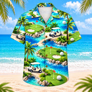 Front view of Ocean Breeze Golf Carts Hawaiian Shirt showing generic golf carts, coastal palms, distant greens, flags, winding cart paths