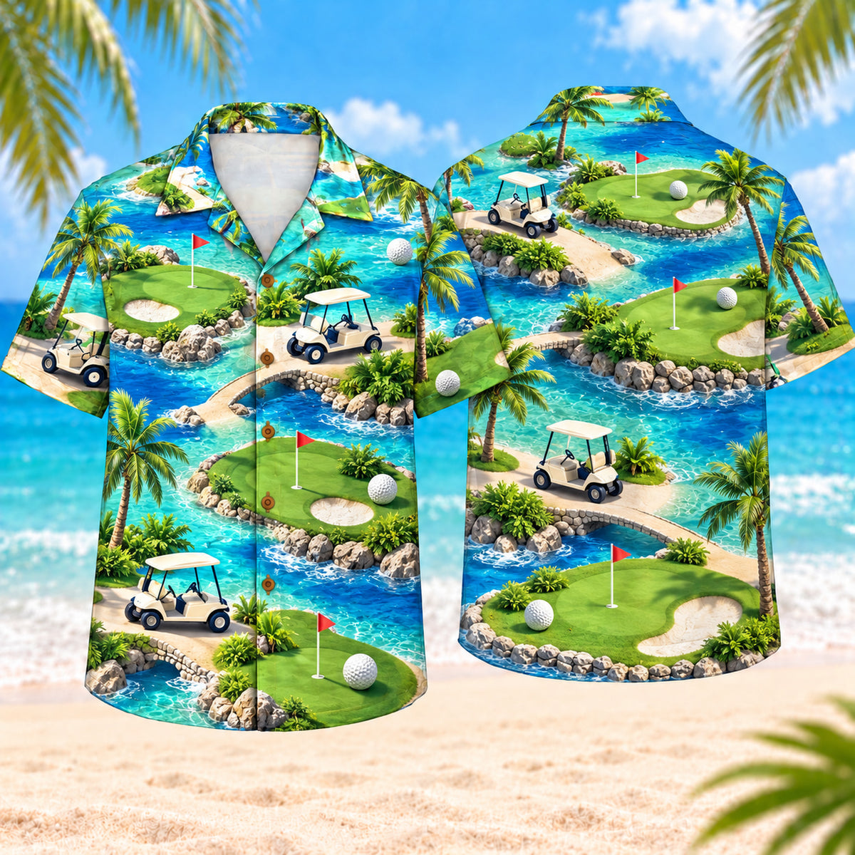 Ocean Breeze Golf Carts Hawaiian Shirt, front and back views on a beach background with generic golf carts, coastal palms, distant greens, flags, winding cart paths