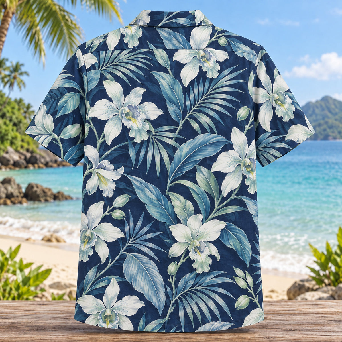 Back view of Ocean Orchid Beach Wedding Hawaiian Shirt with matching artwork in navy, white, sea glass