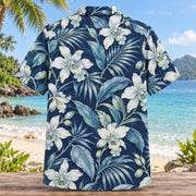Back view of Ocean Orchid Beach Wedding Hawaiian Shirt with matching artwork in navy, white, sea glass