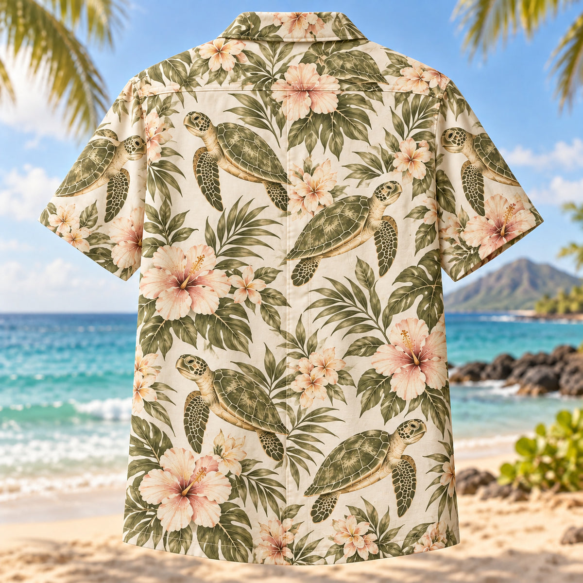 Back view of Olive Ridley Bloom Sea Turtle Hawaiian Shirt with matching artwork in olive, blush, cream