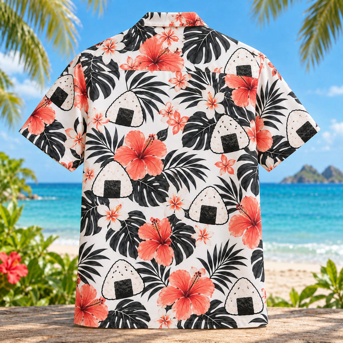 Back view of Onigiri Bloom Japanese Food Hawaiian Shirt with matching artwork in white, black, coral