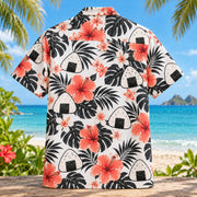 Back view of Onigiri Bloom Japanese Food Hawaiian Shirt with matching artwork in white, black, coral