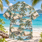 Back view of Open Book Coast Book Lover Hawaiian Shirt with matching artwork in aqua, cream, sand