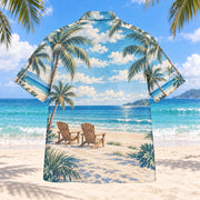 Back view of Open Horizon Retirement Celebration Hawaiian Shirt with matching artwork in sea blue, sand, cream