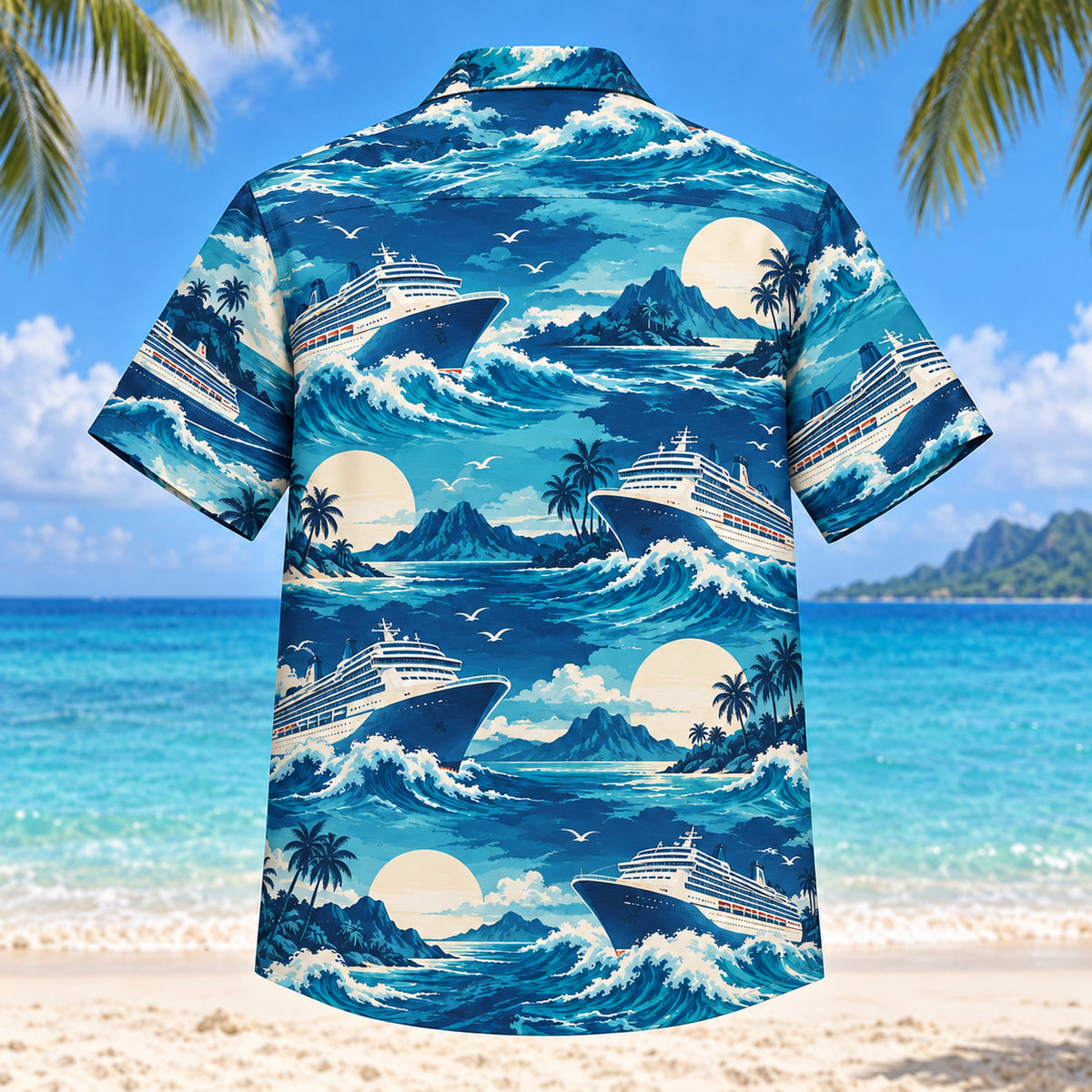 Back view of Open Sea Voyage Cruise Travel Hawaiian Shirt with matching artwork in navy, turquoise, ivory