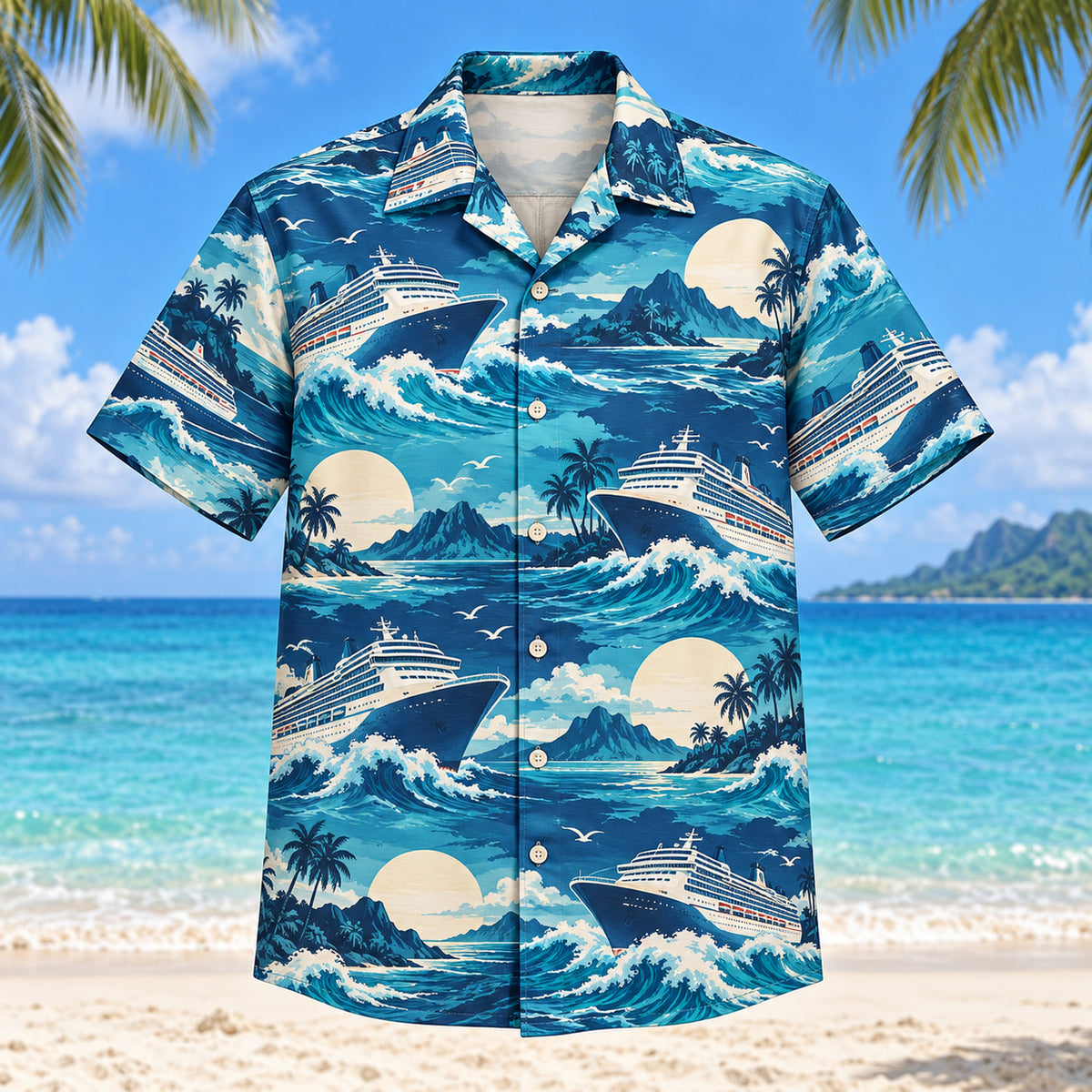 Front view of Open Sea Voyage Cruise Travel Hawaiian Shirt with original, text-free illustrations of fictional cruise ships, rolling waves and sun disks