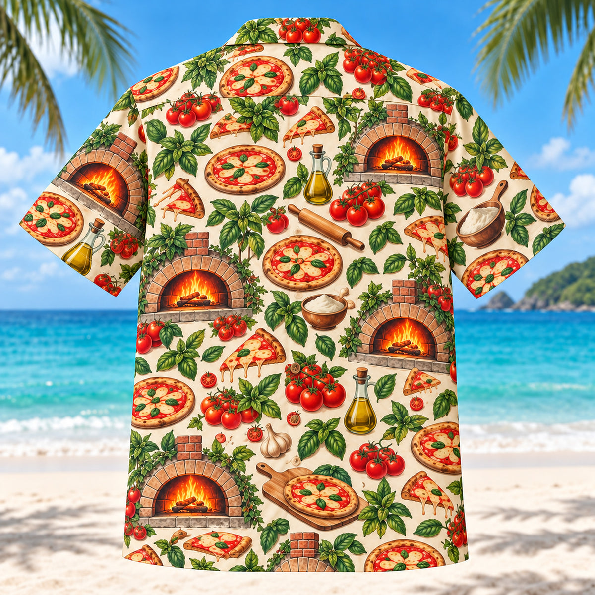 Back view of Oven Night Home Pizza Making Hawaiian Shirt with matching artwork in tomato red, basil green, cream