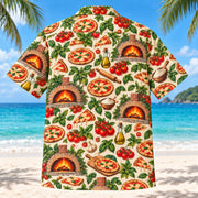Back view of Oven Night Home Pizza Making Hawaiian Shirt with matching artwork in tomato red, basil green, cream