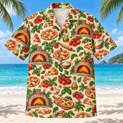Front view of Oven Night Home Pizza Making Hawaiian Shirt with original, text-free illustrations of glowing fictional brick ovens and compact pizza motifs