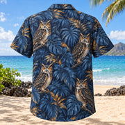 Back view of Owl Moonleaf Birdwatching Hawaiian Shirt with matching bird artwork in navy, amber, sage