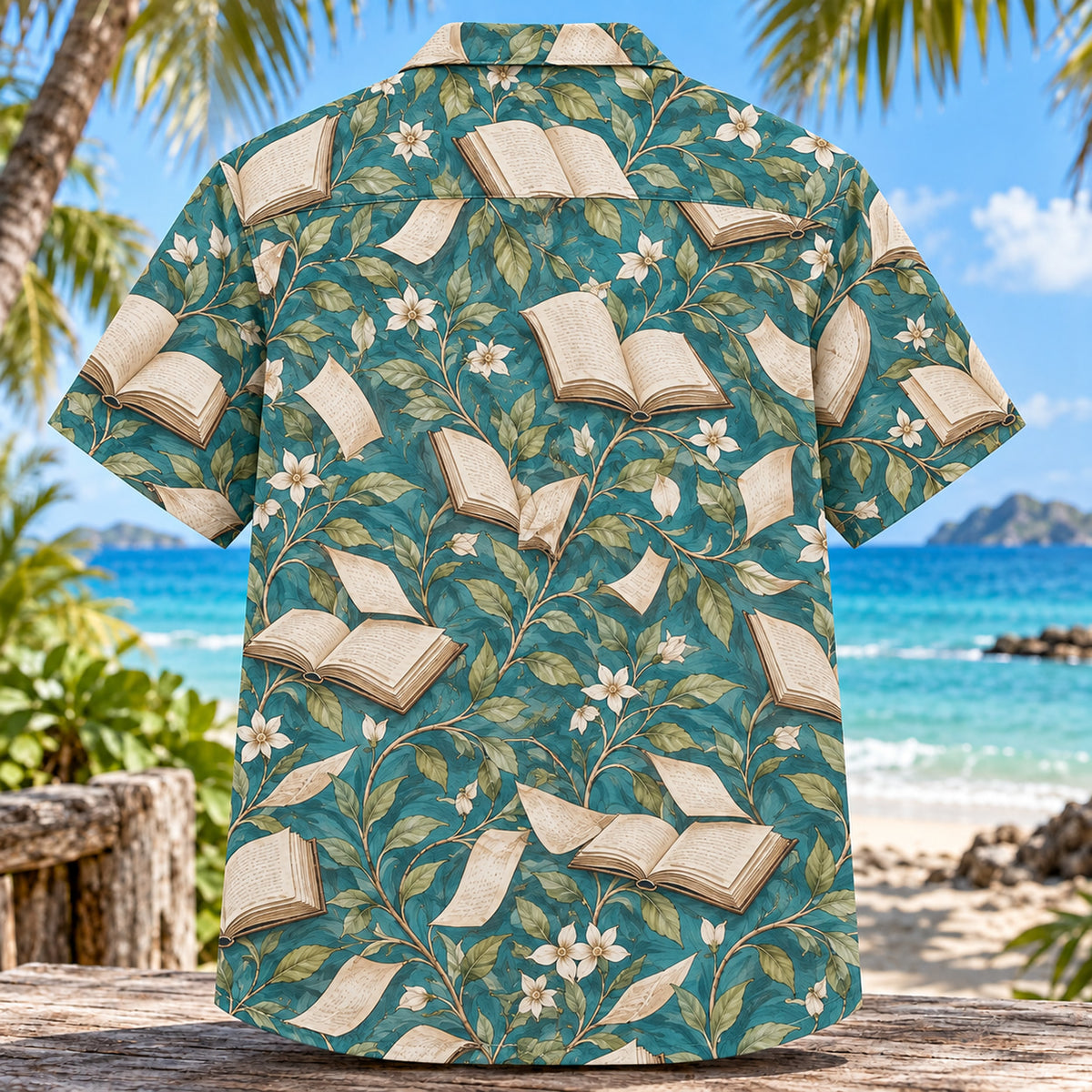 Back view of Page Turner Book Lover Hawaiian Shirt with matching artwork in teal, white, tan