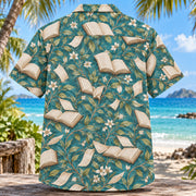 Back view of Page Turner Book Lover Hawaiian Shirt with matching artwork in teal, white, tan