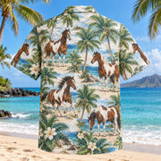Back view of Paint Horse Coast Horse Hawaiian Shirt with matching artwork in brown, white, aqua