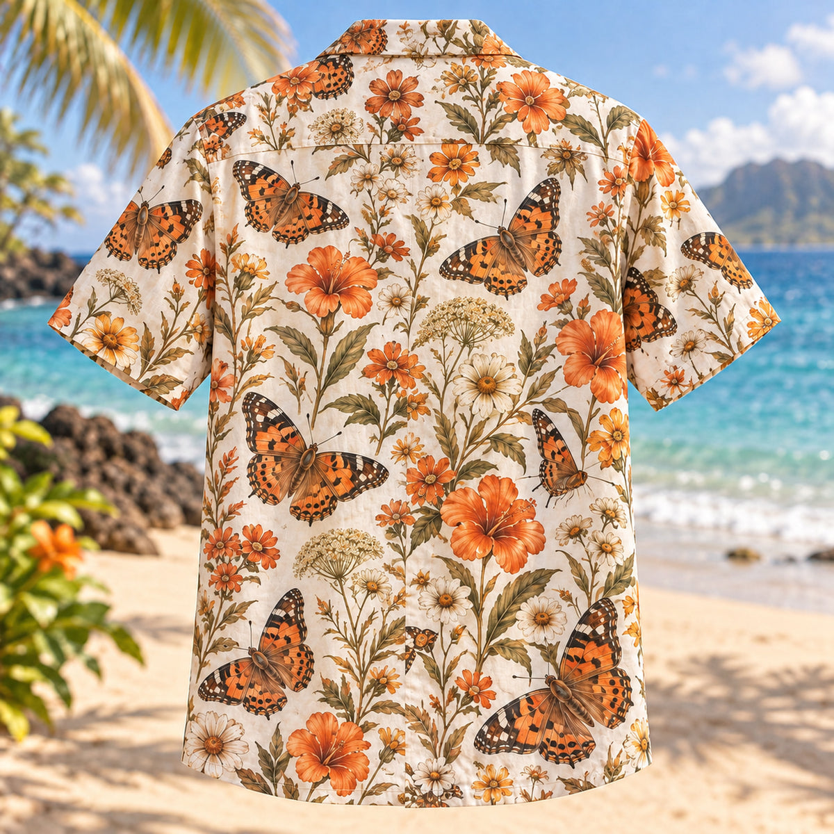 Back view of Painted Lady Field Butterfly and Moth Hawaiian Shirt with matching artwork in orange, white, brown