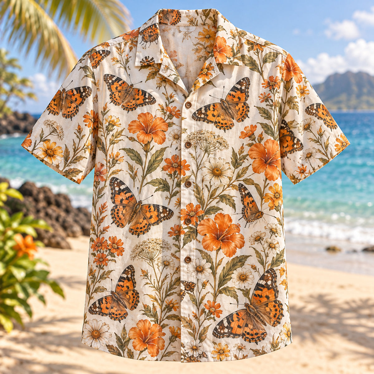 Front view of Painted Lady Field Butterfly and Moth Hawaiian Shirt with painted lady butterflies among wildflowers