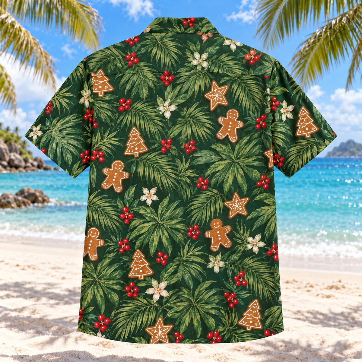 Back view of Palm Cookie Tropical Christmas Hawaiian Shirt with matching artwork in forest, biscuit, ivory
