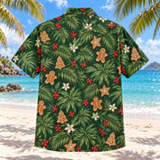 Back view of Palm Cookie Tropical Christmas Hawaiian Shirt with matching artwork in forest, biscuit, ivory