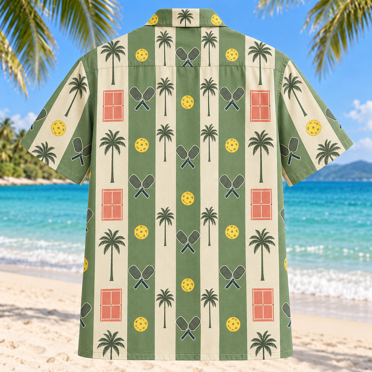 Back view of Palm Court Stripes Pickleball Hawaiian Shirt with matching pickleball artwork in sage green, warm ivory, faded coral