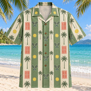 Front view of Palm Court Stripes Pickleball Hawaiian Shirt with vertical resort stripes broken by small pickleball paddles, pierced balls, minimal palm silhouettes and fine court lines
