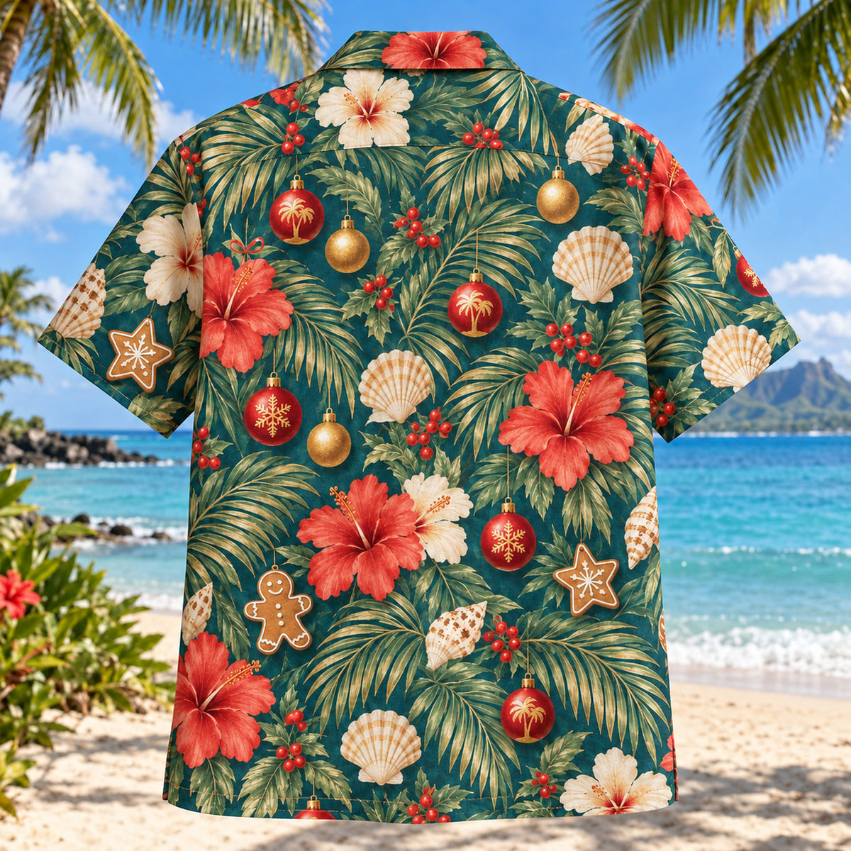 Back view of Palm Ornament Garden Tropical Christmas Hawaiian Shirt with matching artwork in deep teal, coral, warm ivory, gold