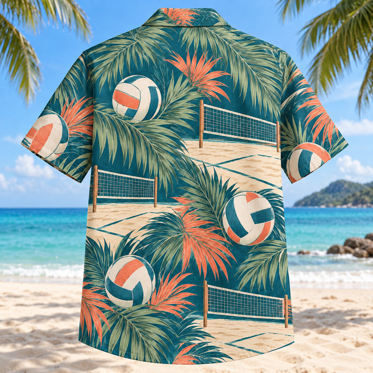 Back view of Palm Parade Beach Volleyball Hawaiian Shirt with matching beach volleyball artwork in deep teal, coral, cream, sage
