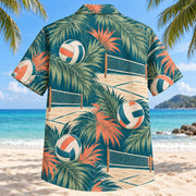 Back view of Palm Parade Beach Volleyball Hawaiian Shirt with matching beach volleyball artwork in deep teal, coral, cream, sage