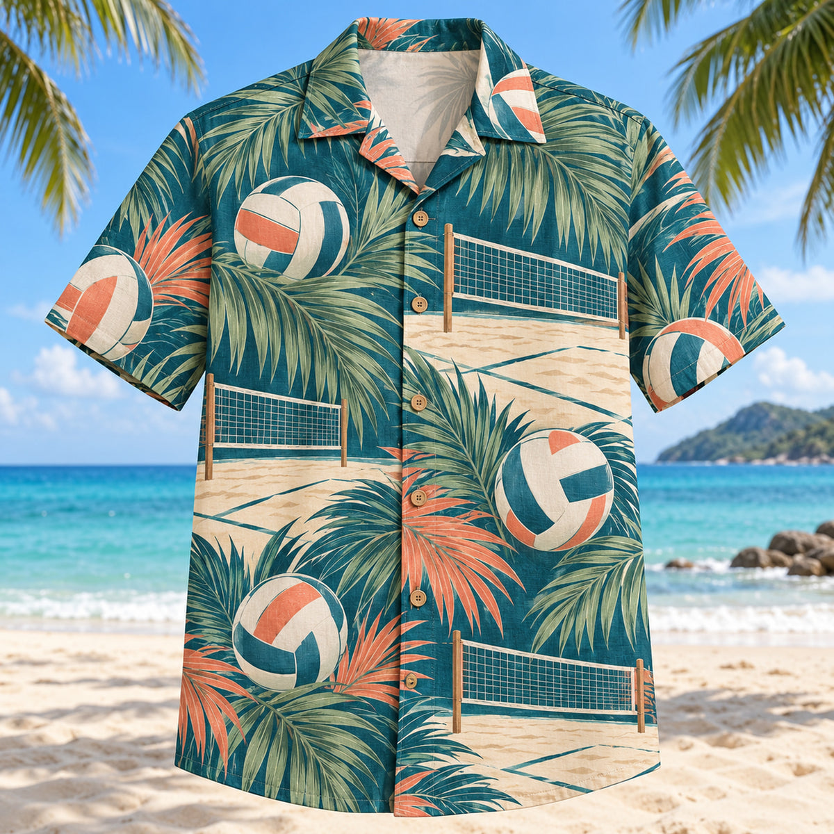 Front view of Palm Parade Beach Volleyball Hawaiian Shirt with large original palm fronds interleaved with generic paneled volleyballs, beach volleyball nets and sand-court lines