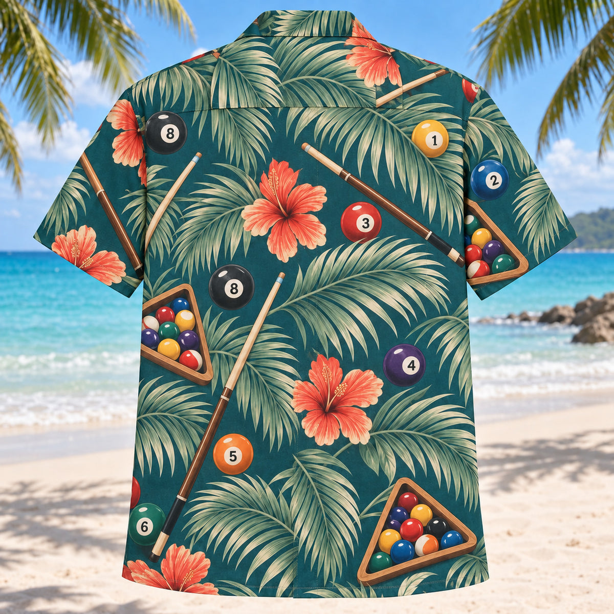 Back view of Palm Parade Billiards Hawaiian Shirt with matching billiards artwork in deep teal, coral, cream, sage