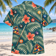 Back view of Palm Parade Billiards Hawaiian Shirt with matching billiards artwork in deep teal, coral, cream, sage