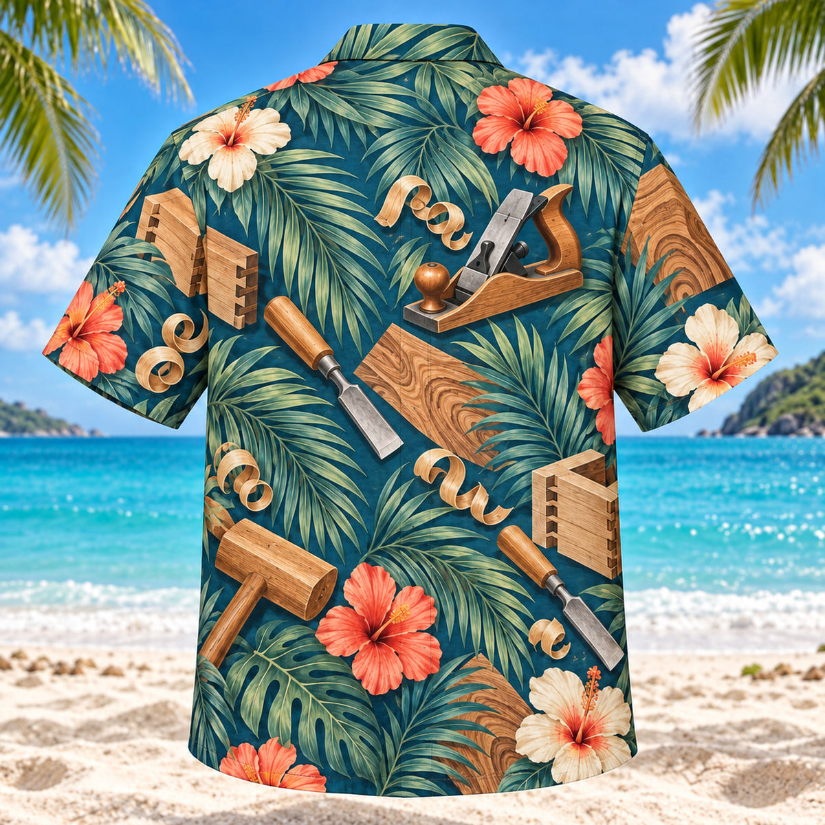 Back view of Palm Parade Carpenter Hawaiian Shirt with matching carpenter artwork in deep teal, coral, cream, sage
