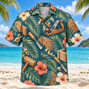Front view of Palm Parade Carpenter Hawaiian Shirt with large original palm fronds interleaved with vintage hand planes, chisels, wood joints, shavings and original wood grain