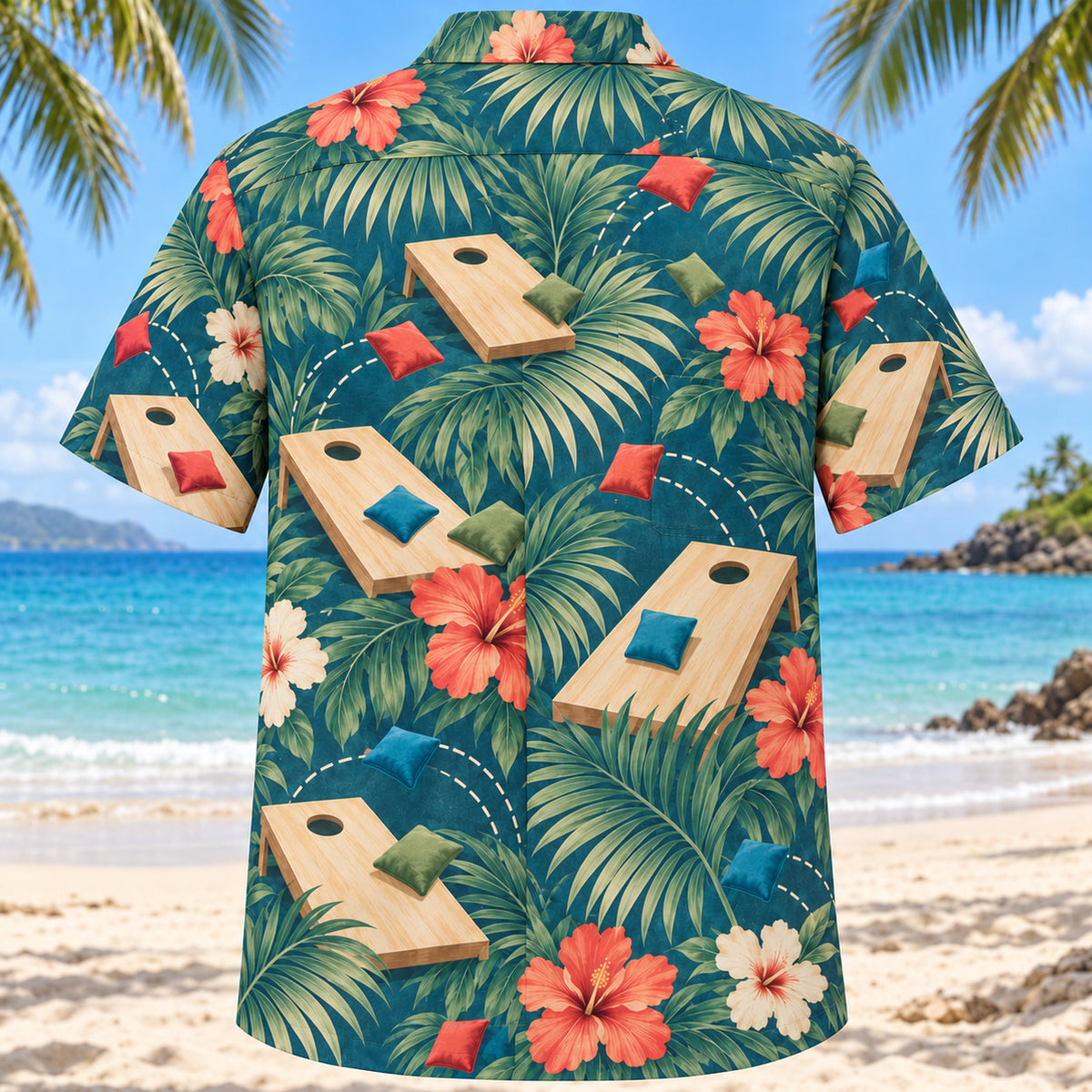 Back view of Palm Parade Cornhole Hawaiian Shirt with matching cornhole artwork in deep teal, coral, cream, sage