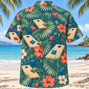 Back view of Palm Parade Cornhole Hawaiian Shirt with matching cornhole artwork in deep teal, coral, cream, sage