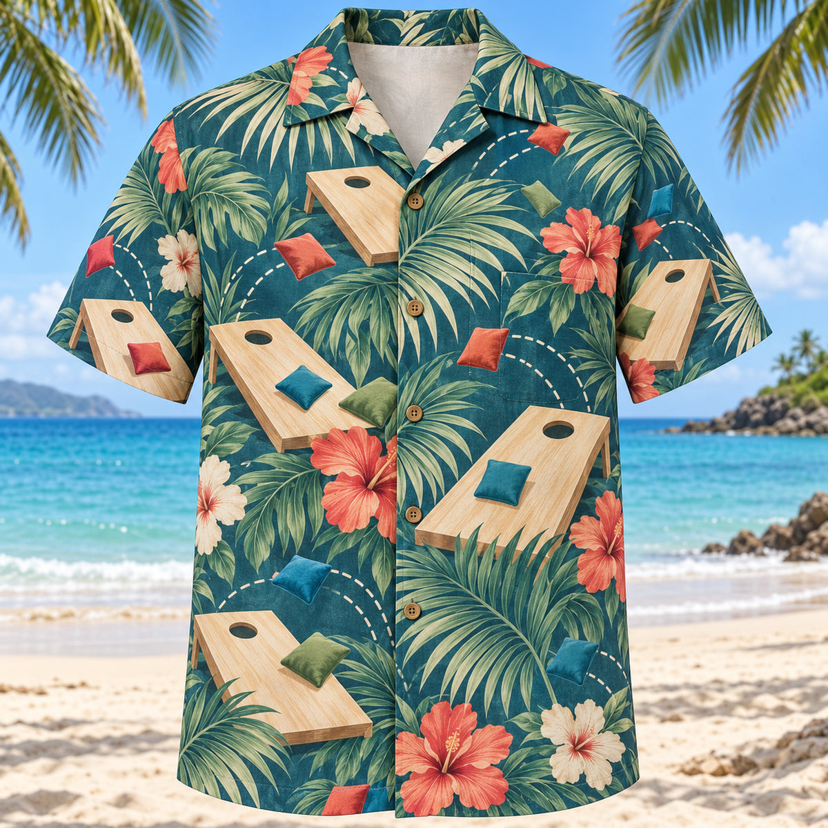 Front view of Palm Parade Cornhole Hawaiian Shirt with large original palm fronds interleaved with plain wooden cornhole boards with circular holes, colorful fabric bean bags and toss arcs