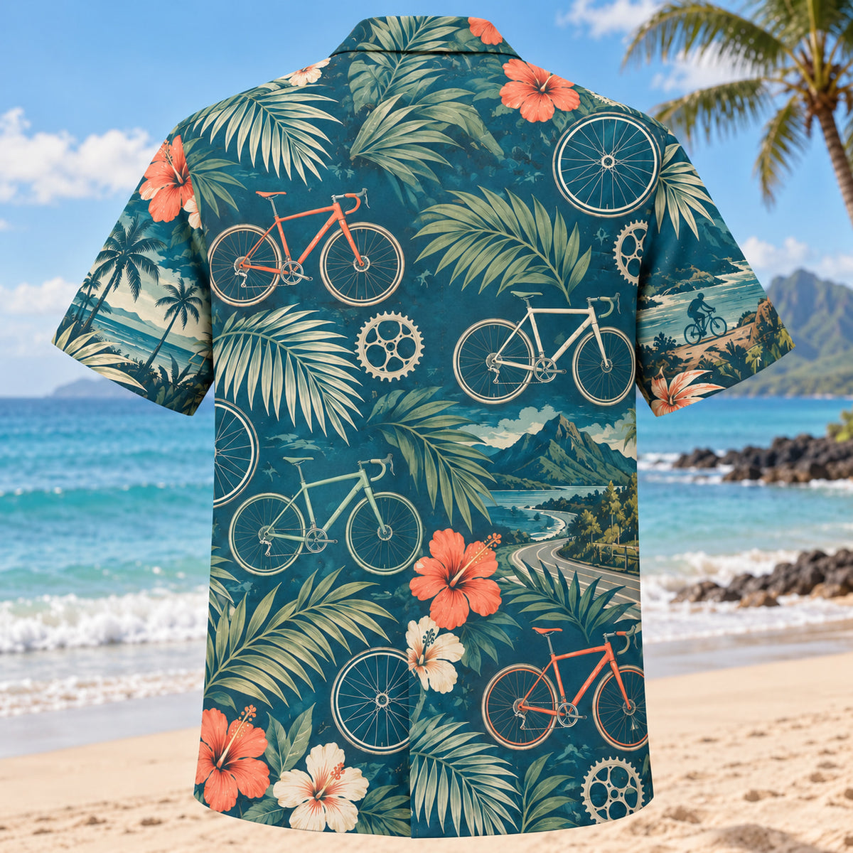 Back view of Palm Parade Cycling Hawaiian Shirt with matching cycling artwork in deep teal, coral, cream, sage