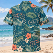 Back view of Palm Parade Cycling Hawaiian Shirt with matching cycling artwork in deep teal, coral, cream, sage
