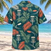 Back view of Palm Parade Disc Golf Hawaiian Shirt with matching disc golf artwork in deep teal, coral, cream, sage