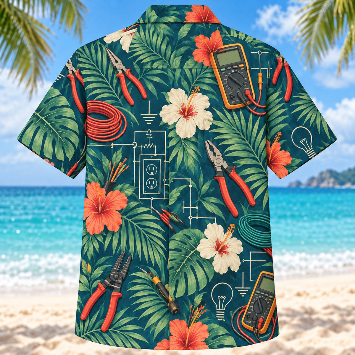 Back view of Palm Parade Electrician Hawaiian Shirt with matching electrician artwork in deep teal, coral, cream, sage