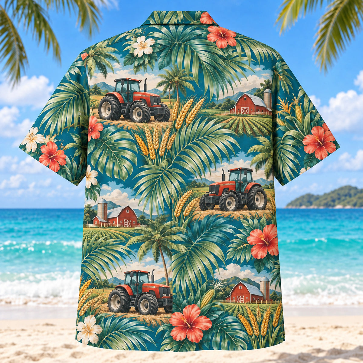 Back view of Palm Parade Farmer and Tractor Hawaiian Shirt with matching farmer and tractor artwork in deep teal, coral, cream, sage