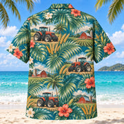 Back view of Palm Parade Farmer and Tractor Hawaiian Shirt with matching farmer and tractor artwork in deep teal, coral, cream, sage