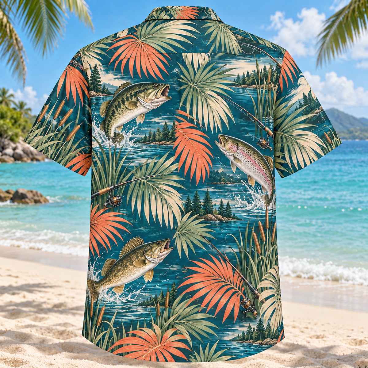 Back view of Palm Parade Freshwater Fishing Hawaiian Shirt with matching freshwater fishing artwork in deep teal, coral, cream, sage