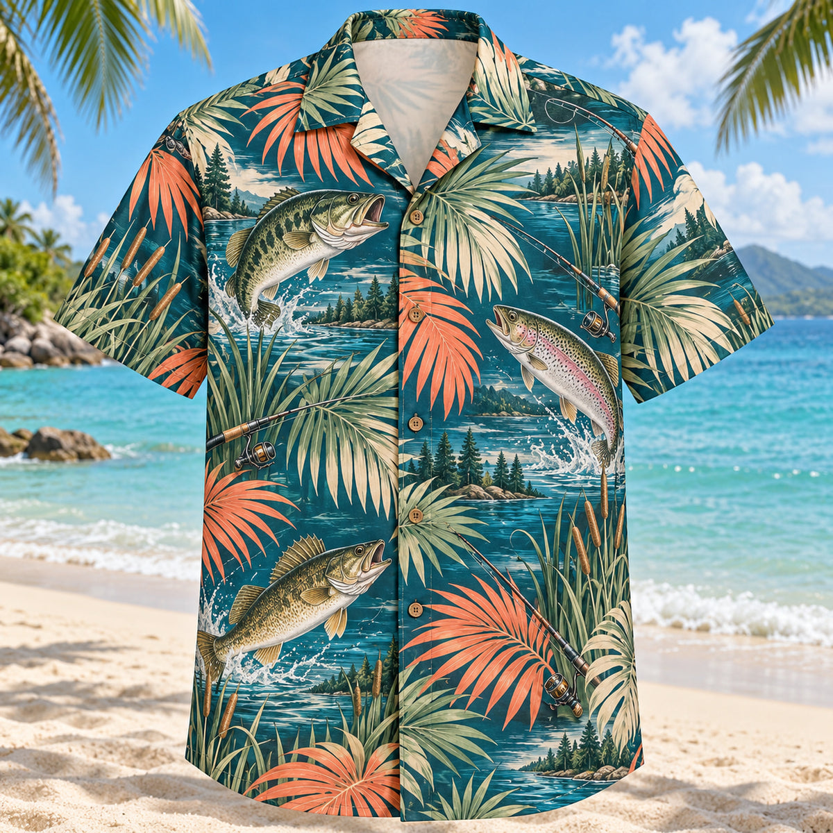 Front view of Palm Parade Freshwater Fishing Hawaiian Shirt with large original palm fronds interleaved with original bass, trout and walleye illustrations, plain rods, lake ripples and reeds