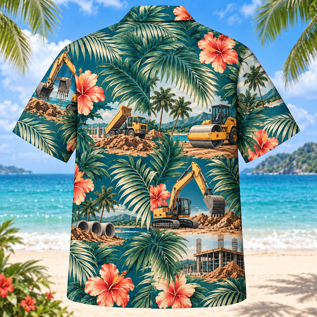 Back view of Palm Parade Heavy Equipment Operator Hawaiian Shirt with matching heavy equipment operator artwork in deep teal, coral, cream, sage