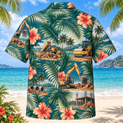 Back view of Palm Parade Heavy Equipment Operator Hawaiian Shirt with matching heavy equipment operator artwork in deep teal, coral, cream, sage