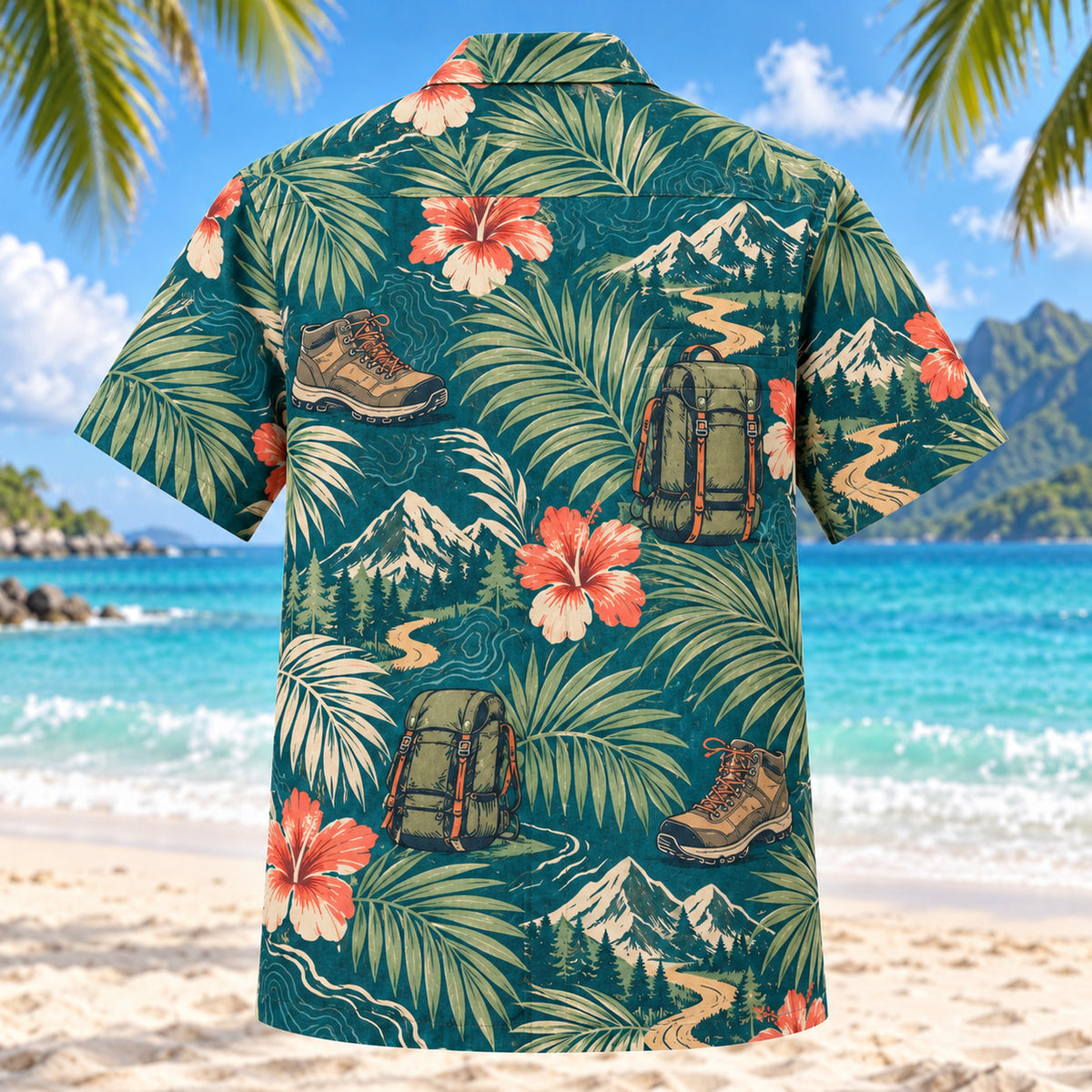 Back view of Palm Parade Hiking and Backpacking Hawaiian Shirt with matching hiking and backpacking artwork in deep teal, coral, cream, sage